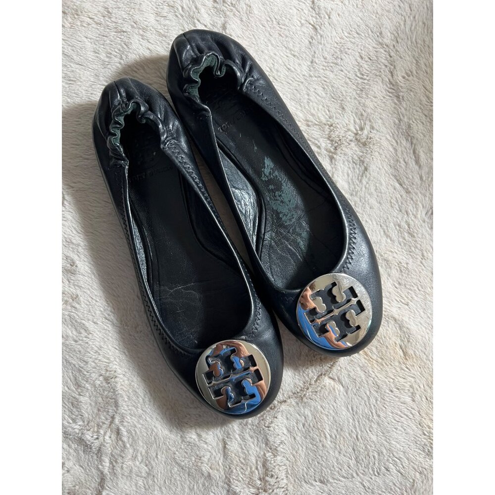 Tory Burch Womens Black Leather Minnie Travel Ballet Flats W/ Logo Medallion